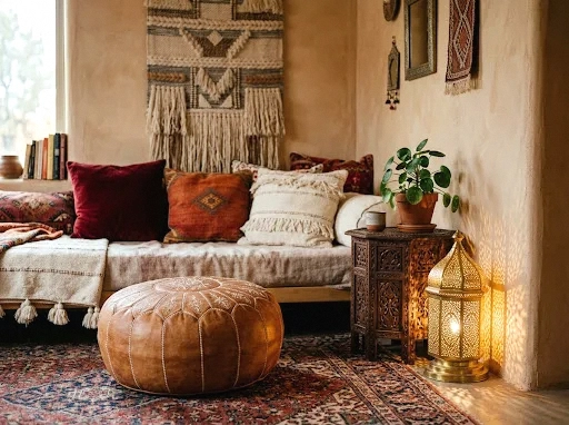 moroccan pouf and lantern corner