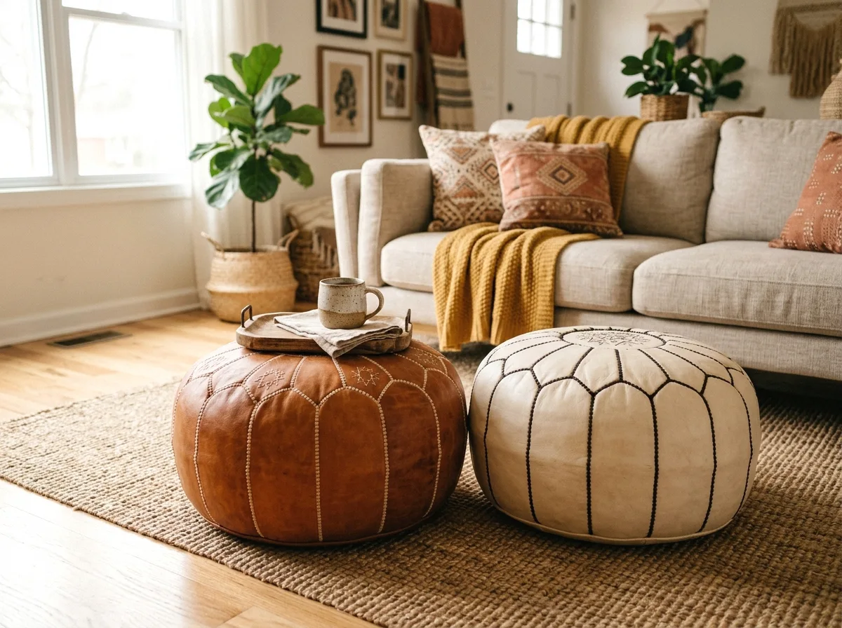 moroccan pouf duo as a boho coffee table alternative