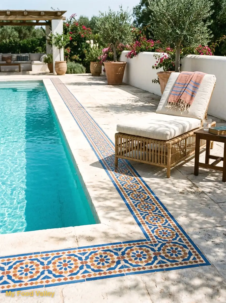 moroccan tile-inspired pool deck border