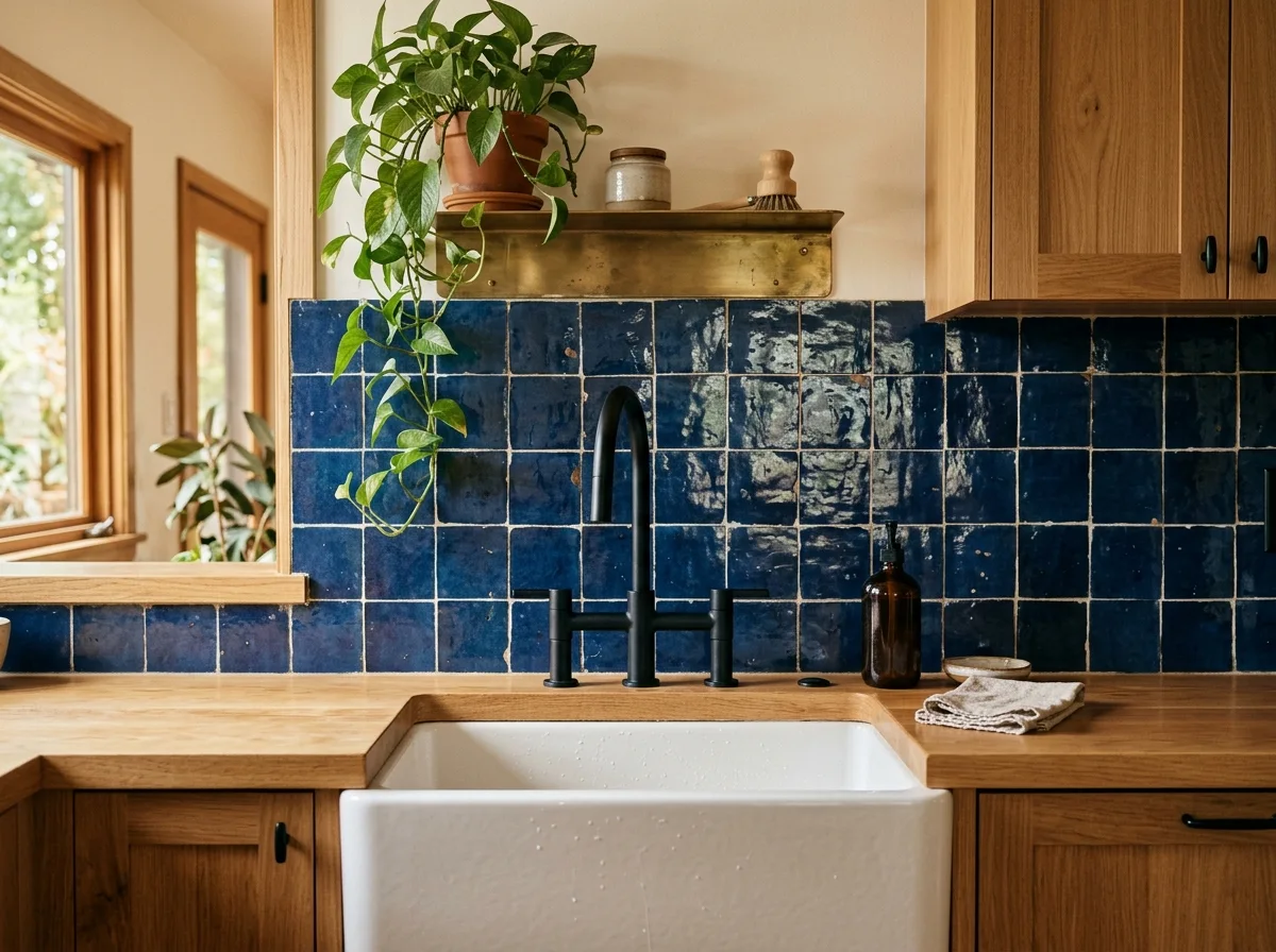 moroccan zellige tile backsplash behind the sink