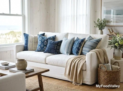 mudcloth and block-print pillows in ocean tones