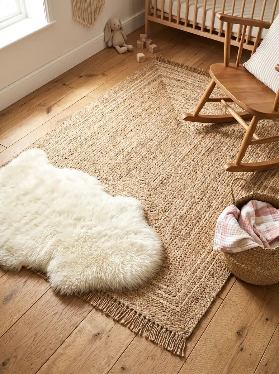 natural jute rug layered on wood floors