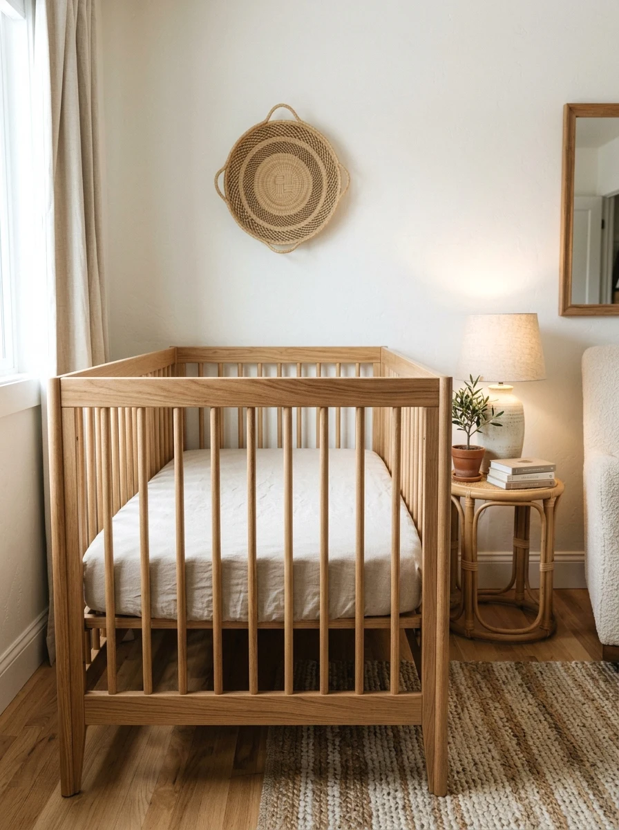 natural wood crib with linen bedding