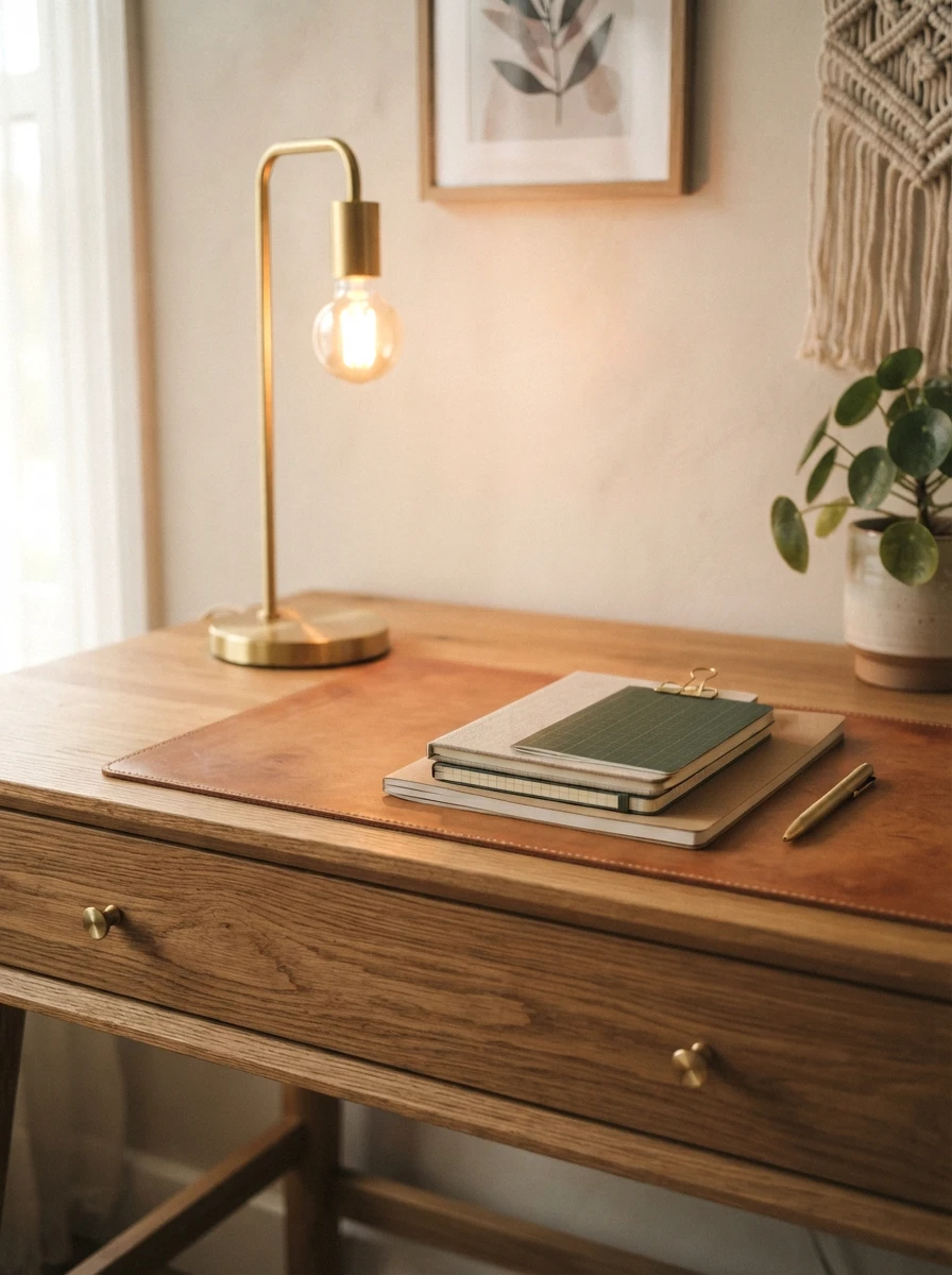 natural wood desk with brass accents