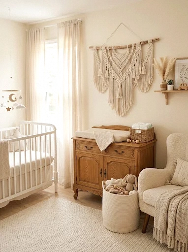 neutral boho nursery with a macramé wall hanging