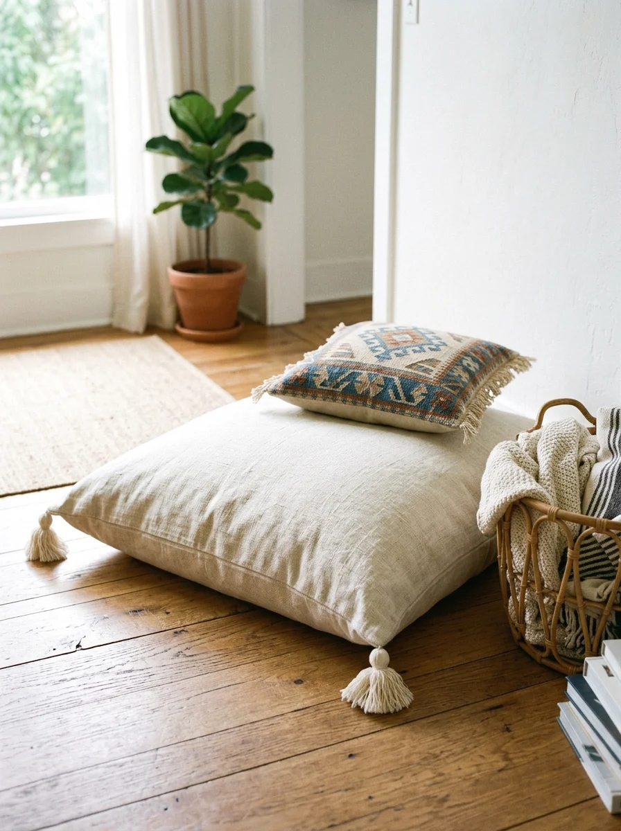 neutral linen floor pillow with tassels