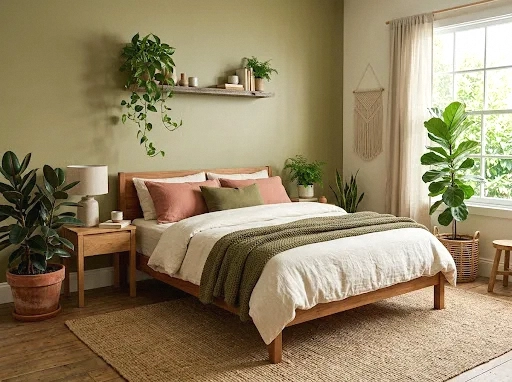 olive and clay palette with plenty of plants