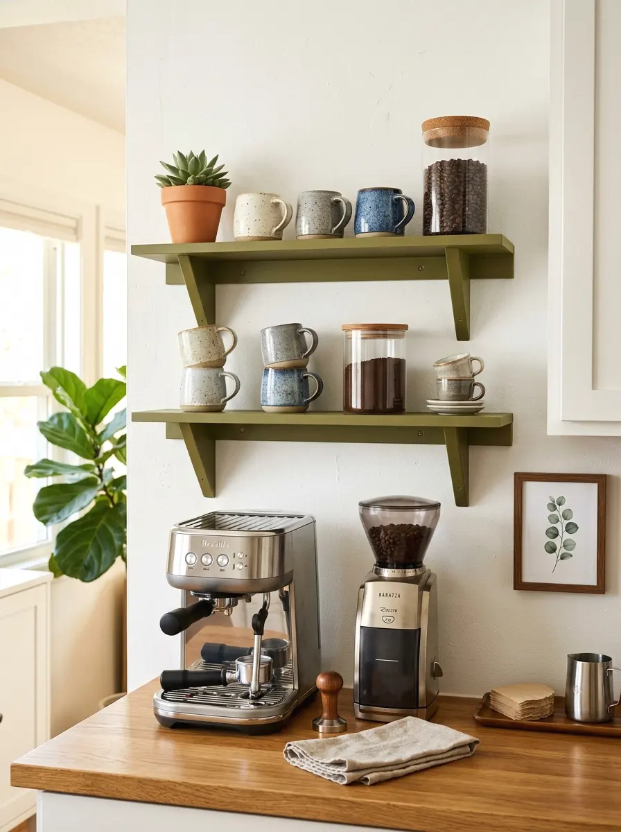 olive green open shelving