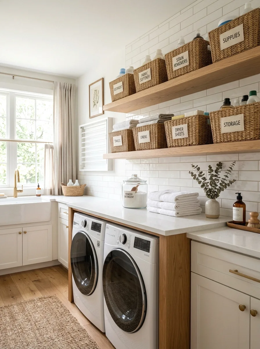 open shelving for labeled storage bins