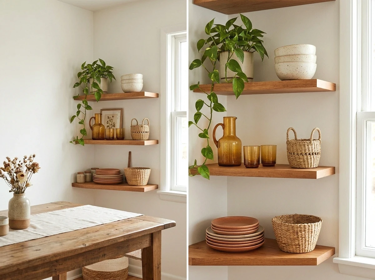 open shelving styled with ceramics and baskets