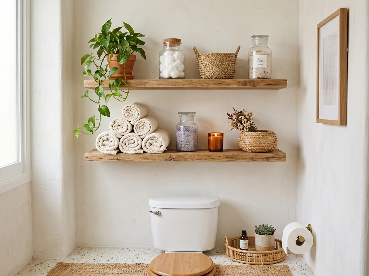 open shelving with baskets and apothecary jars