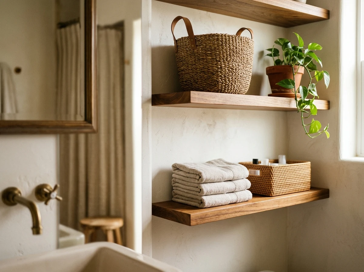 open shelving with woven baskets beside the sink