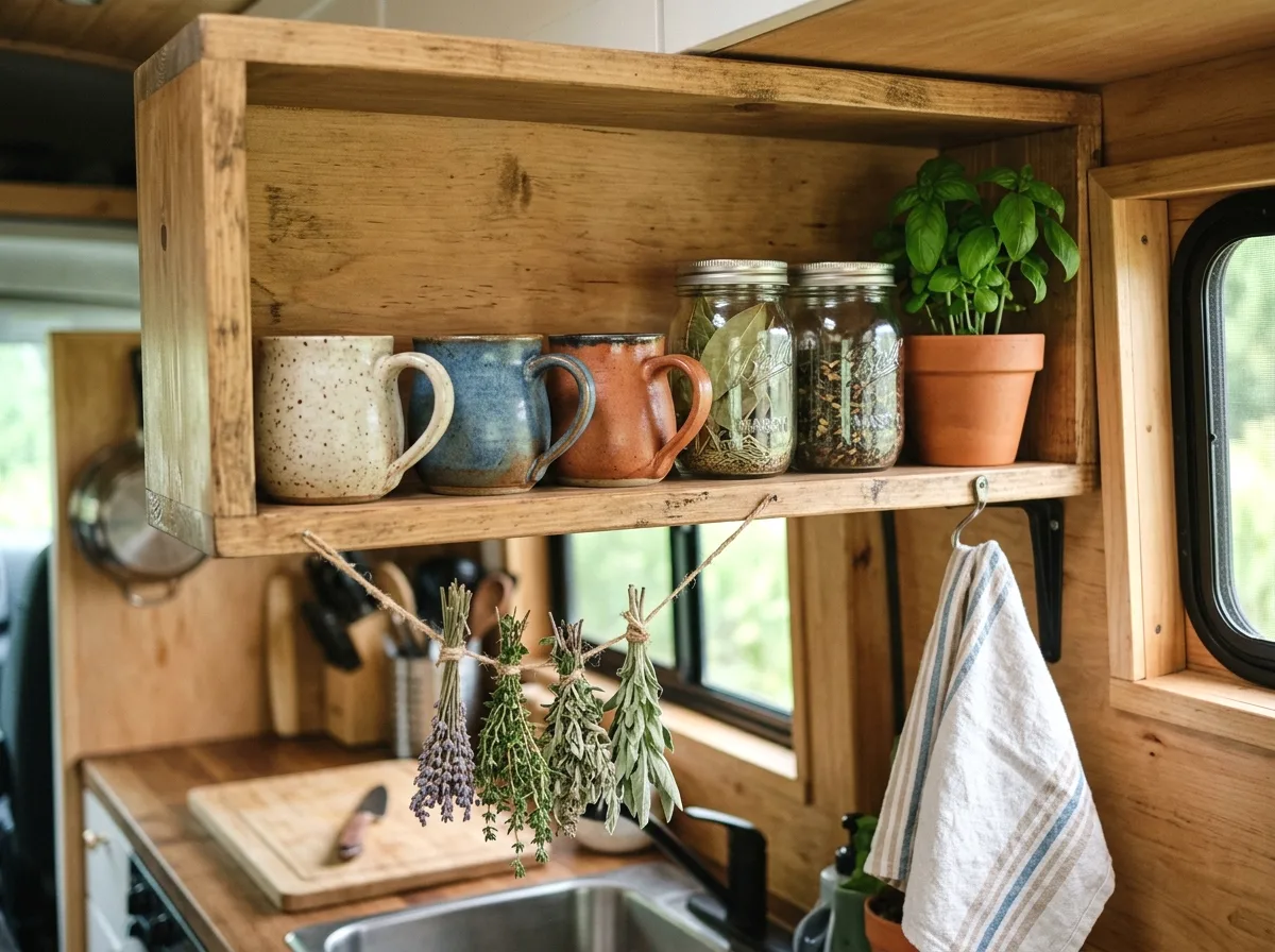 open wood shelving with ceramic mugs and jars