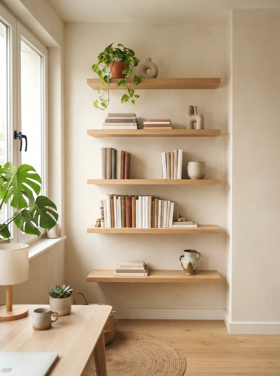 open wood shelving with curated books