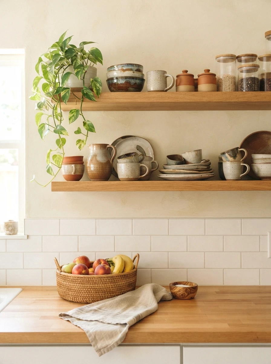 open wood shelving with handmade ceramics