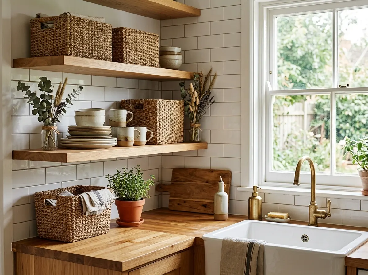 open wood shelving with woven baskets beside the sink