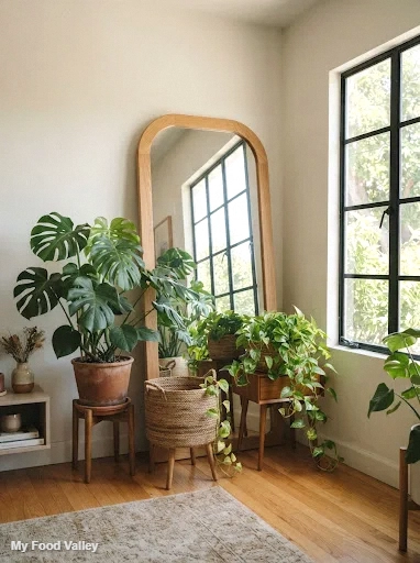 oversized floor mirror in a plant-filled corner