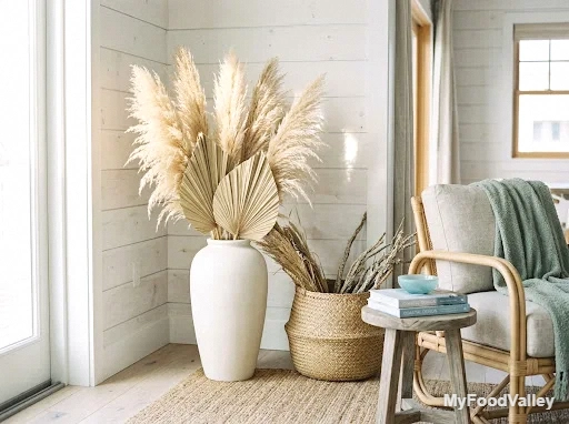 palm leaves and pampas grass arrangements