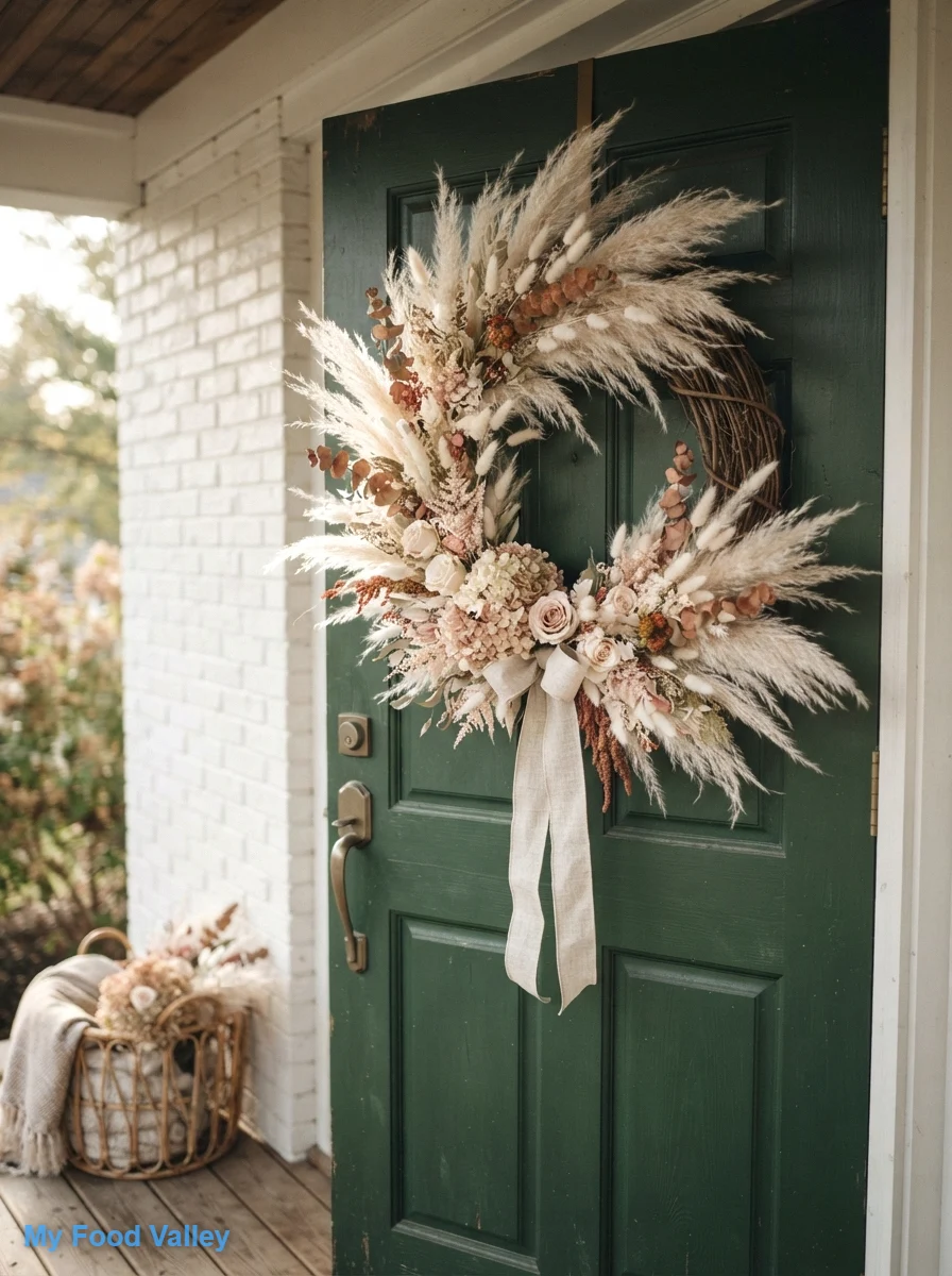 pampas grass and dried floral wreath