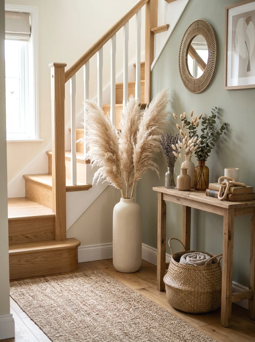 pampas grass and dried florals on the landing