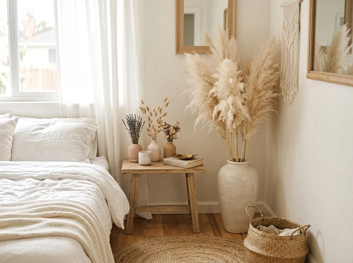 pampas grass and dried flower arrangements