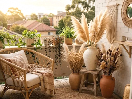 pampas grass and dried flowers in ceramic vases