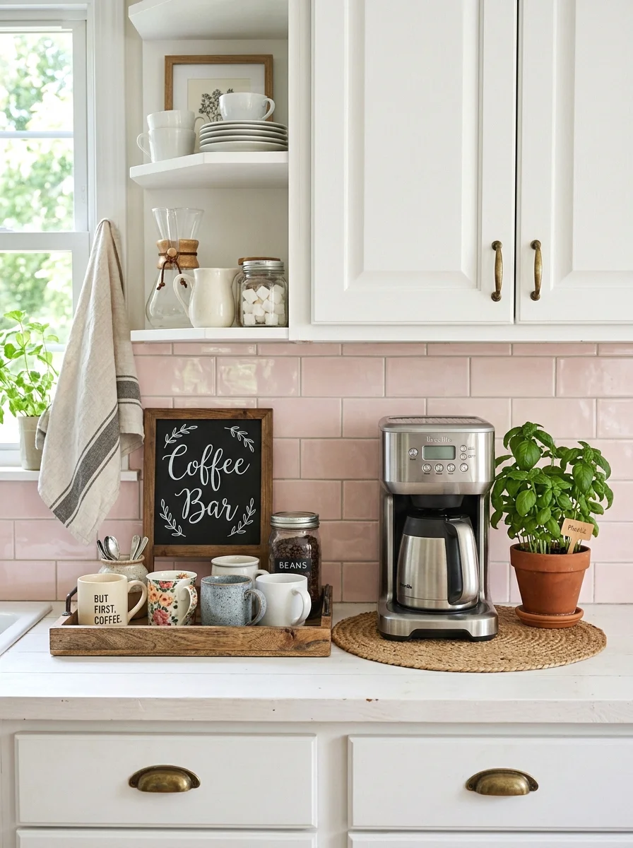 pastel pink kitchen counter bar