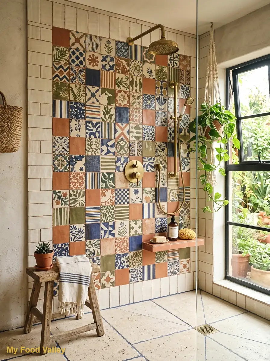 patchwork mixed-pattern tile wall