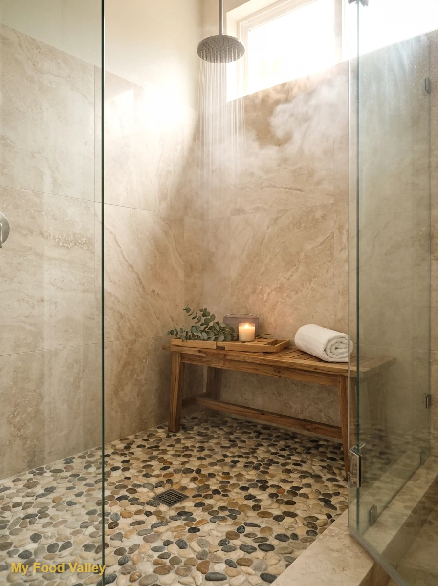 pebble floor with natural stone-look walls