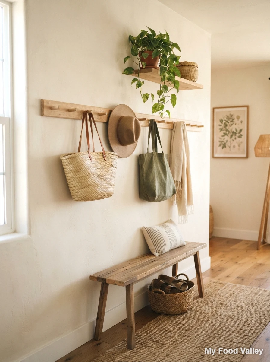 peg rail with hats, bags, and baskets