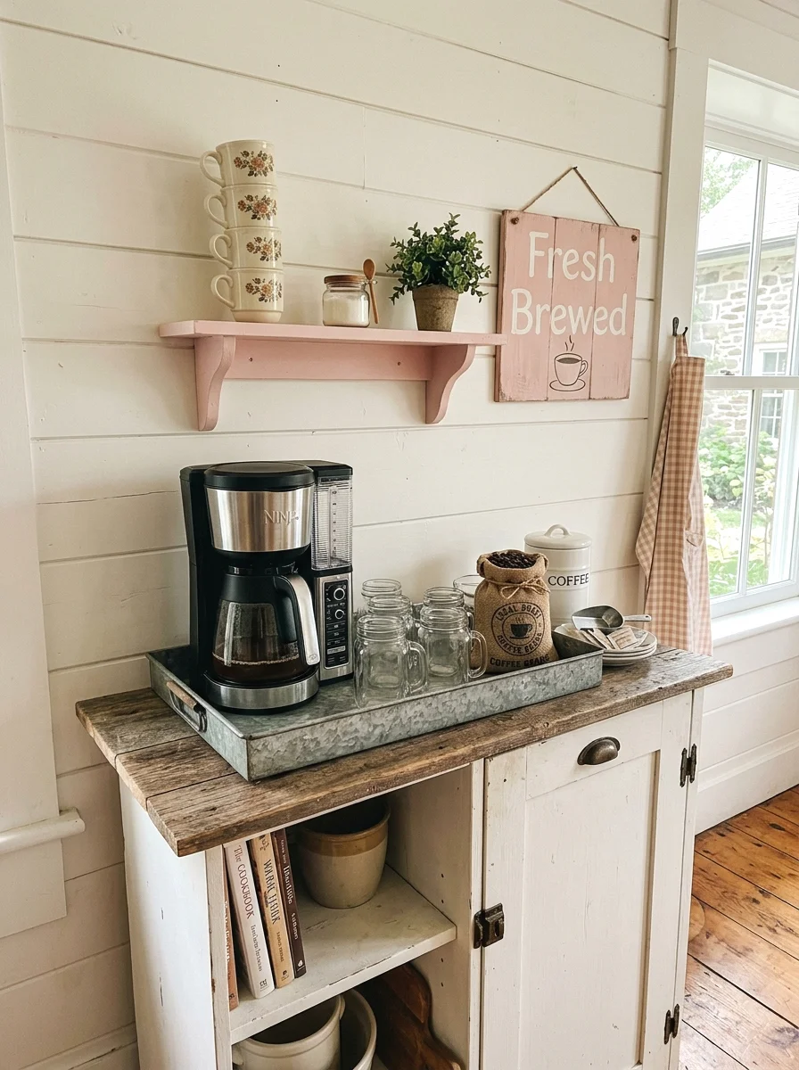 pink and white farmhouse bar