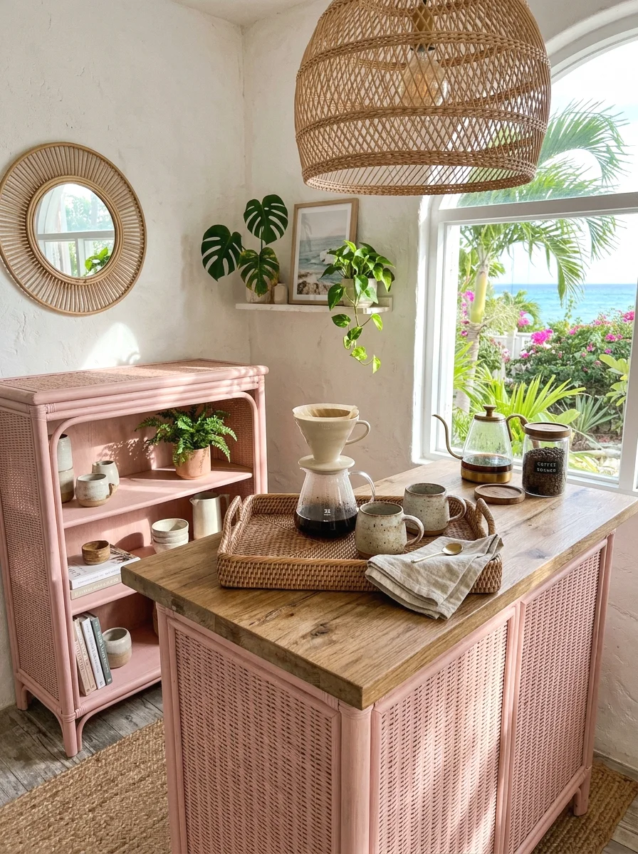 pink rattan coffee bar