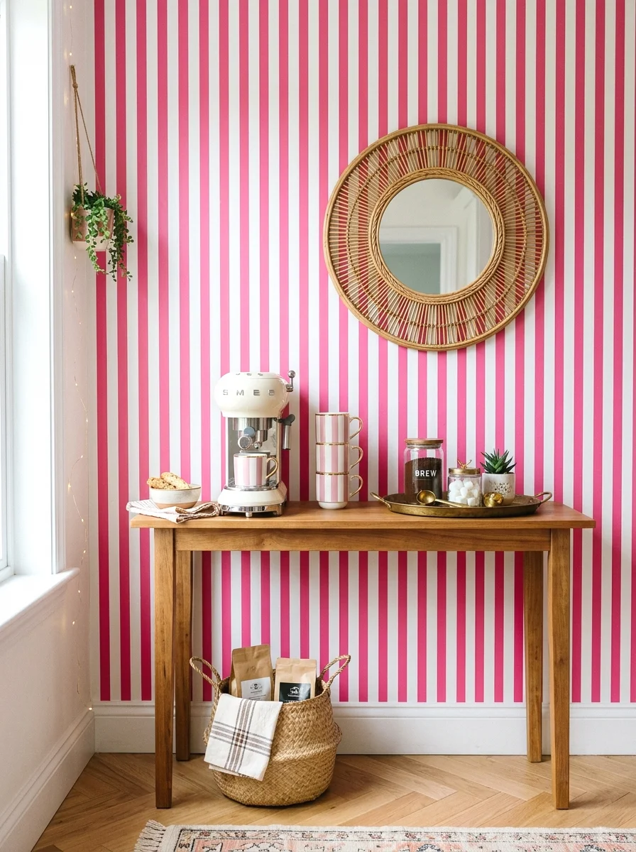 pink striped wallpaper bar