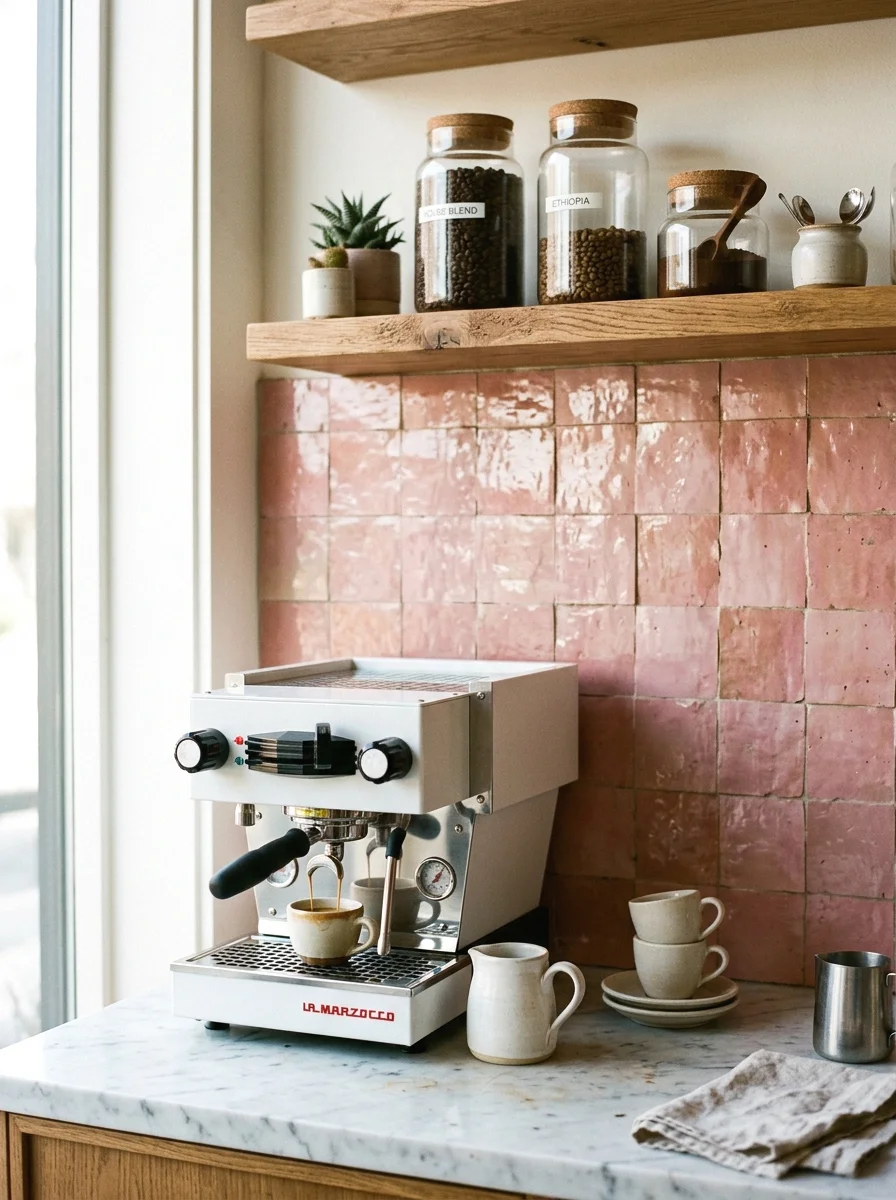 pink tile backsplash bar