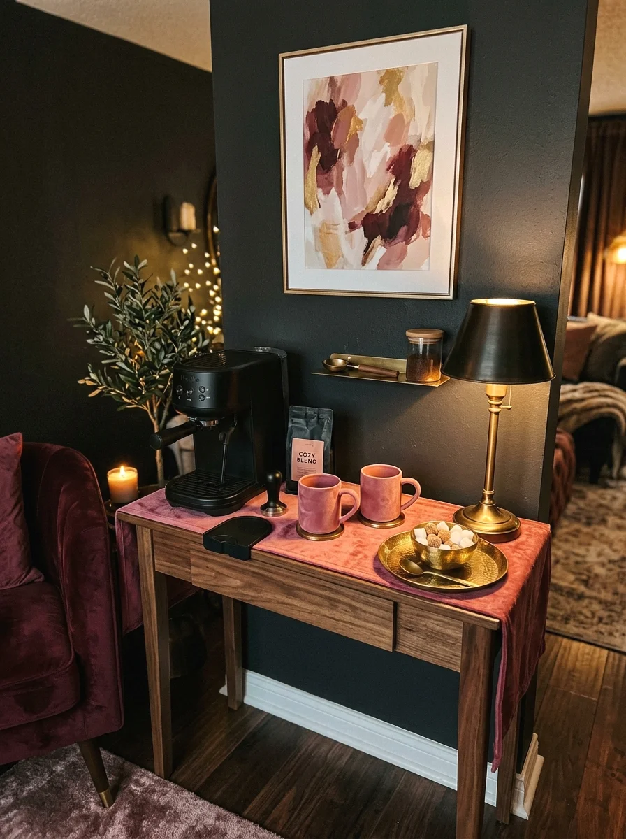 pink velvet accent coffee station