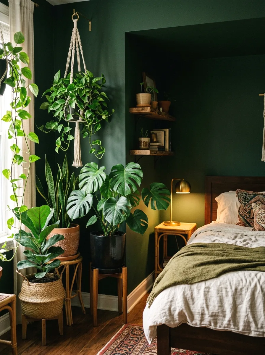 plant-filled corner with trailing greenery