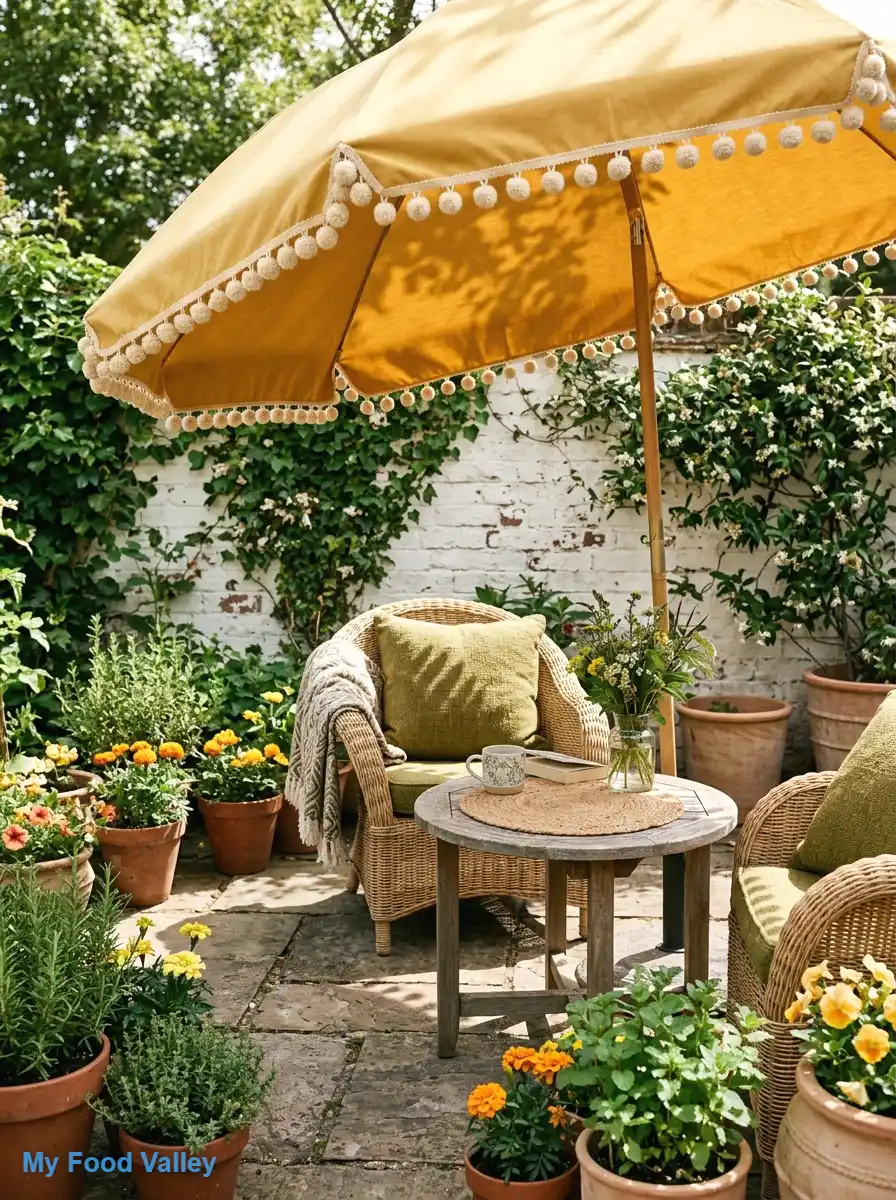 pom-pom trim umbrella in mustard and cream