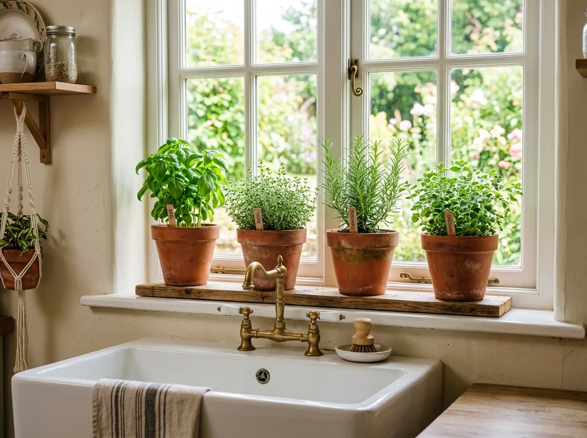 potted herb garden on the windowsill