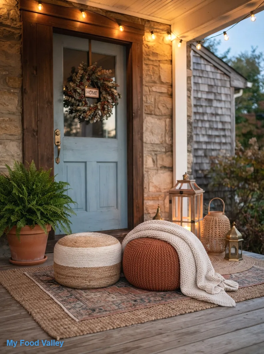 poufs, throws and a lantern cluster