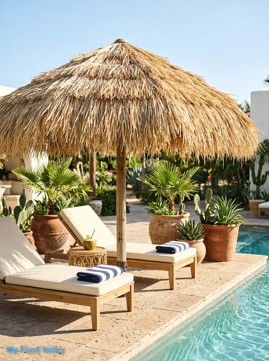 raffia thatch palapa-style umbrella