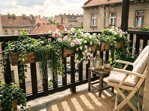 railing planter boxes overflowing with trailing greenery