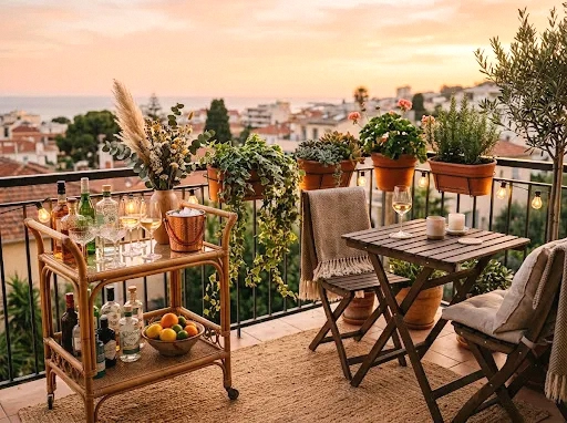 rattan bar cart or tea trolley for sunset sips