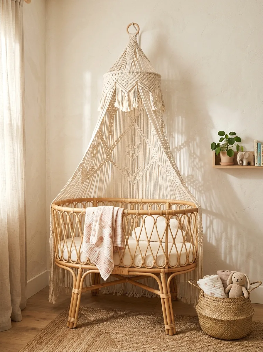 rattan bassinet with a macrame canopy