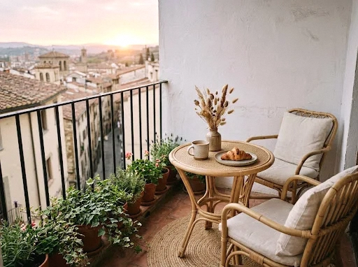 rattan bistro set for a sunrise coffee nook