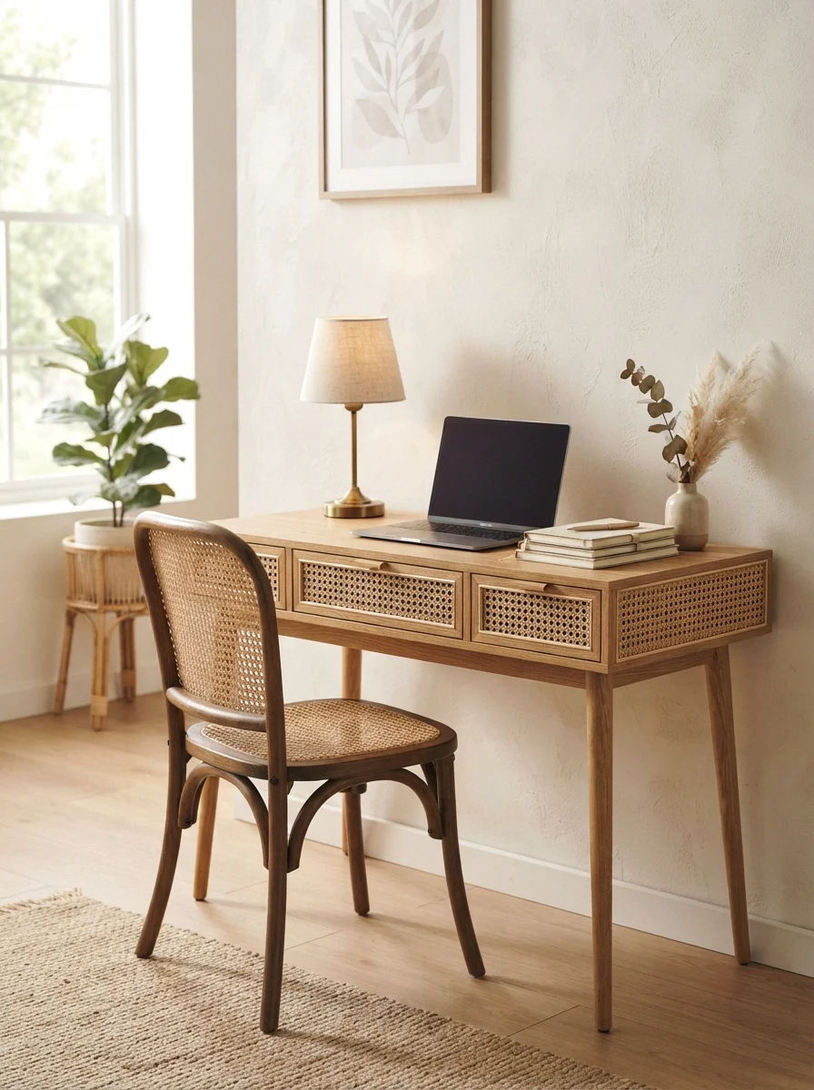 rattan desk with a woven accent chair
