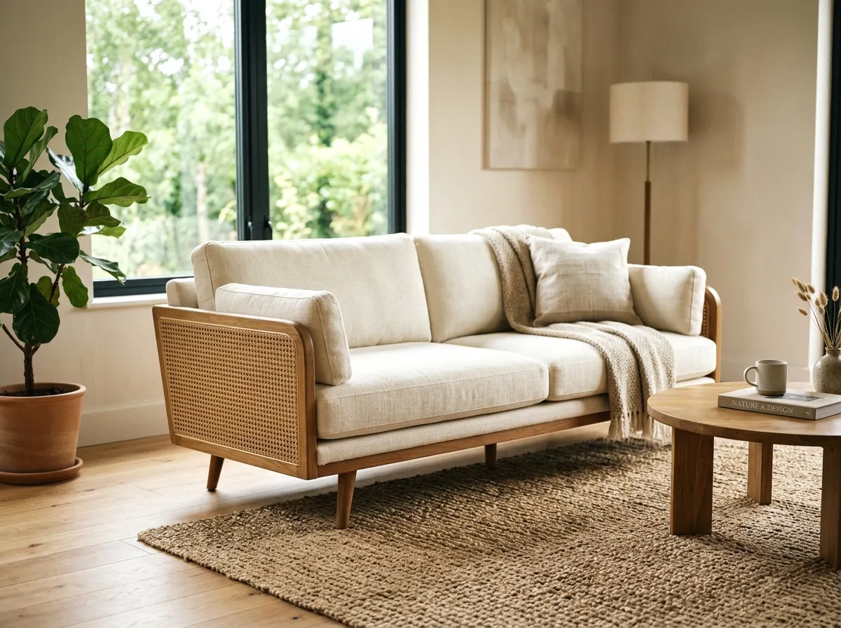 rattan-framed sofa anchored by a jute rug