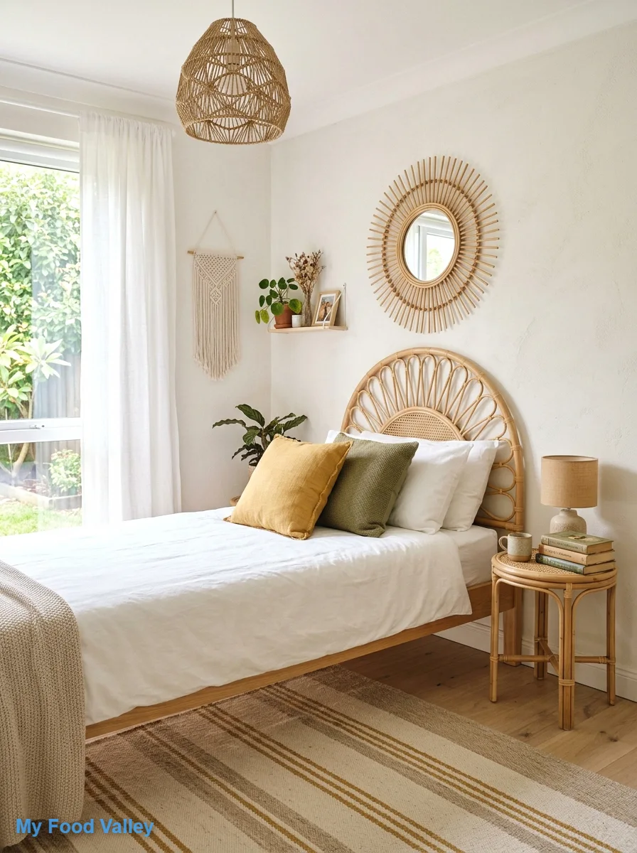 rattan headboard and woven accents