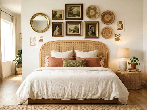 rattan headboard with an eclectic gallery wall