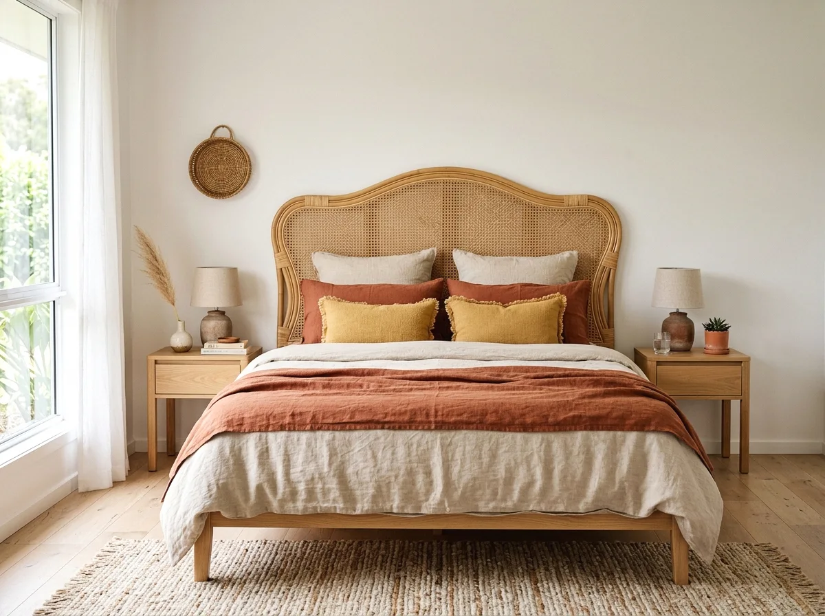 rattan headboard with linen bedding