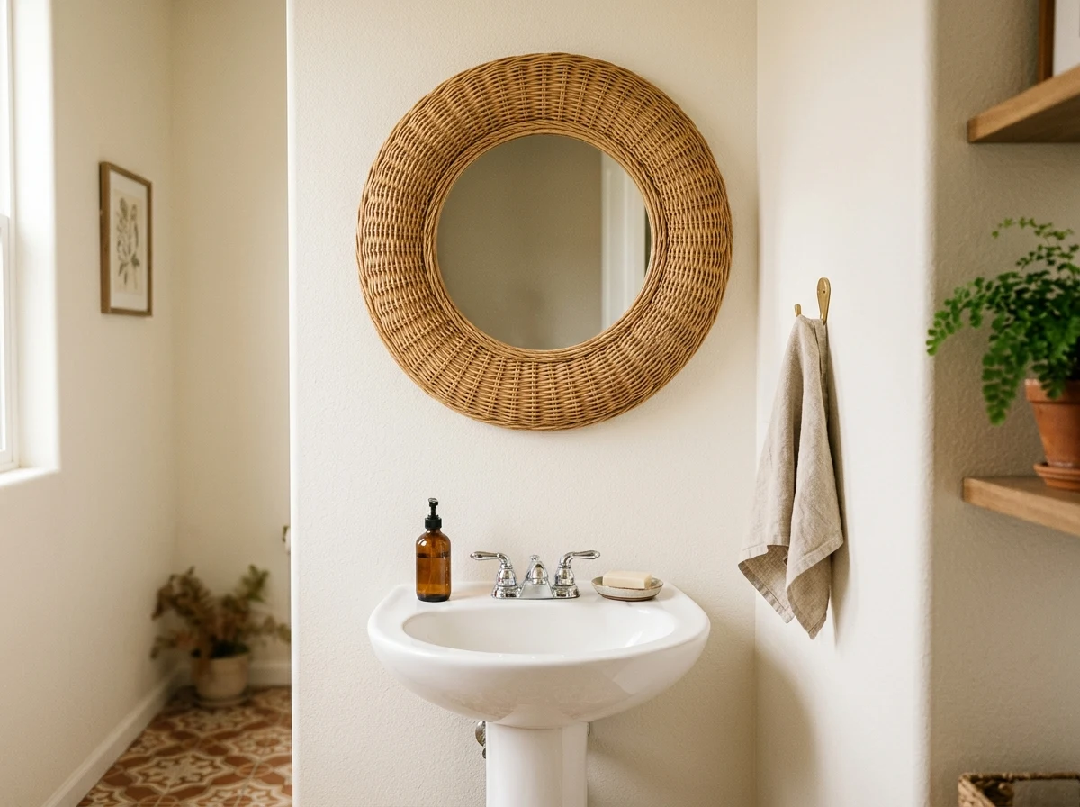 rattan mirror above a pedestal sink